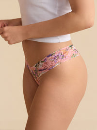 Model facing side in white top and Printed Signature Lace® Low Rise Thong Fawning Flora Coral Pink Sale