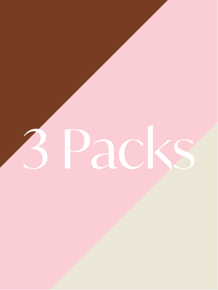 three pack text on a striped background of brown, pink and vanilla
