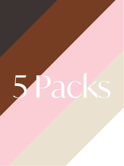 five packs text on a striped background of black, brown, pink, vanilla and white
