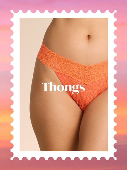 Orange thong with 'Thongs' text on a gradient background