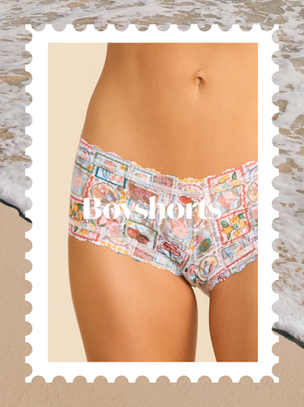 Decorative underwear with floral pattern and brand name on a beige background