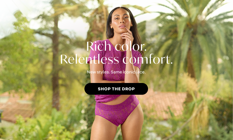 New Arrivals means new colors. Woman wearing boysenberry purple matching lingerie and underwear while feeling confident outside.