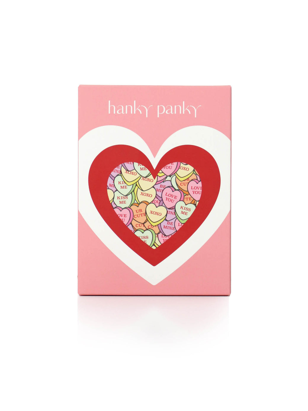 Hanky Panky underwear packaging with a heart design on a pink background