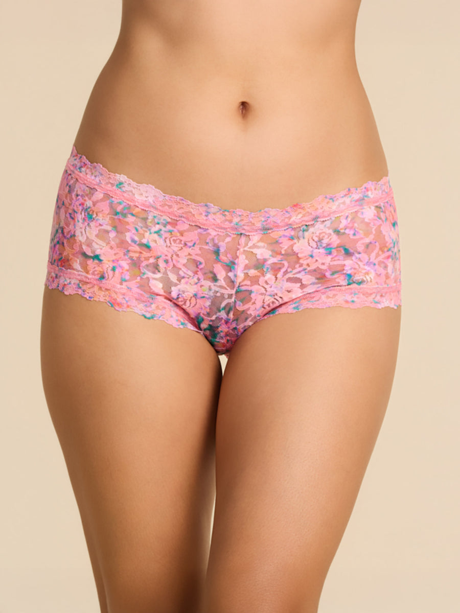 Printed Signature Lace® Boyshort Blushing Blooms Pink - Front View On Model | Hanky Panky
