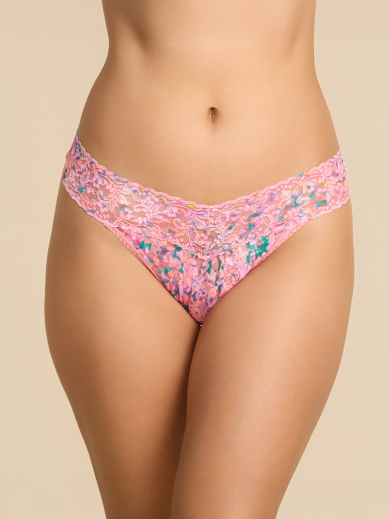 Printed Signature Lace® Original Rise Thong Blushing Blooms Pink - Front View, Floral Lace Detail | Hanky Panky