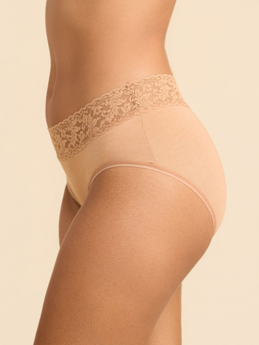 Sun Tan Supima® Cotton High-Cut French Brief lace waistband detail - Side View | Hanky Panky