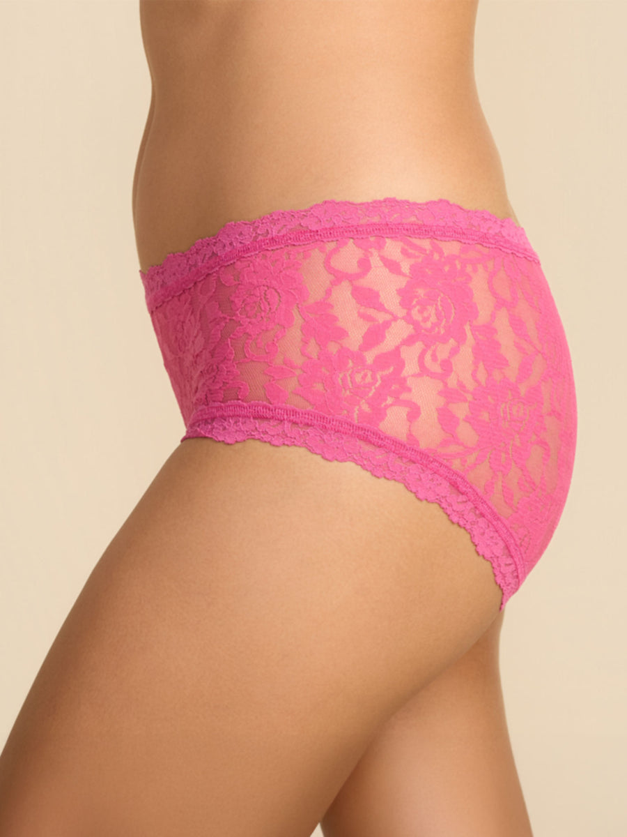 Signature Lace® Boyshort Dragon Fruit Pink - Side View, Mid Rise Lace Boyshort Scalloped Edge On Model | Hanky Panky