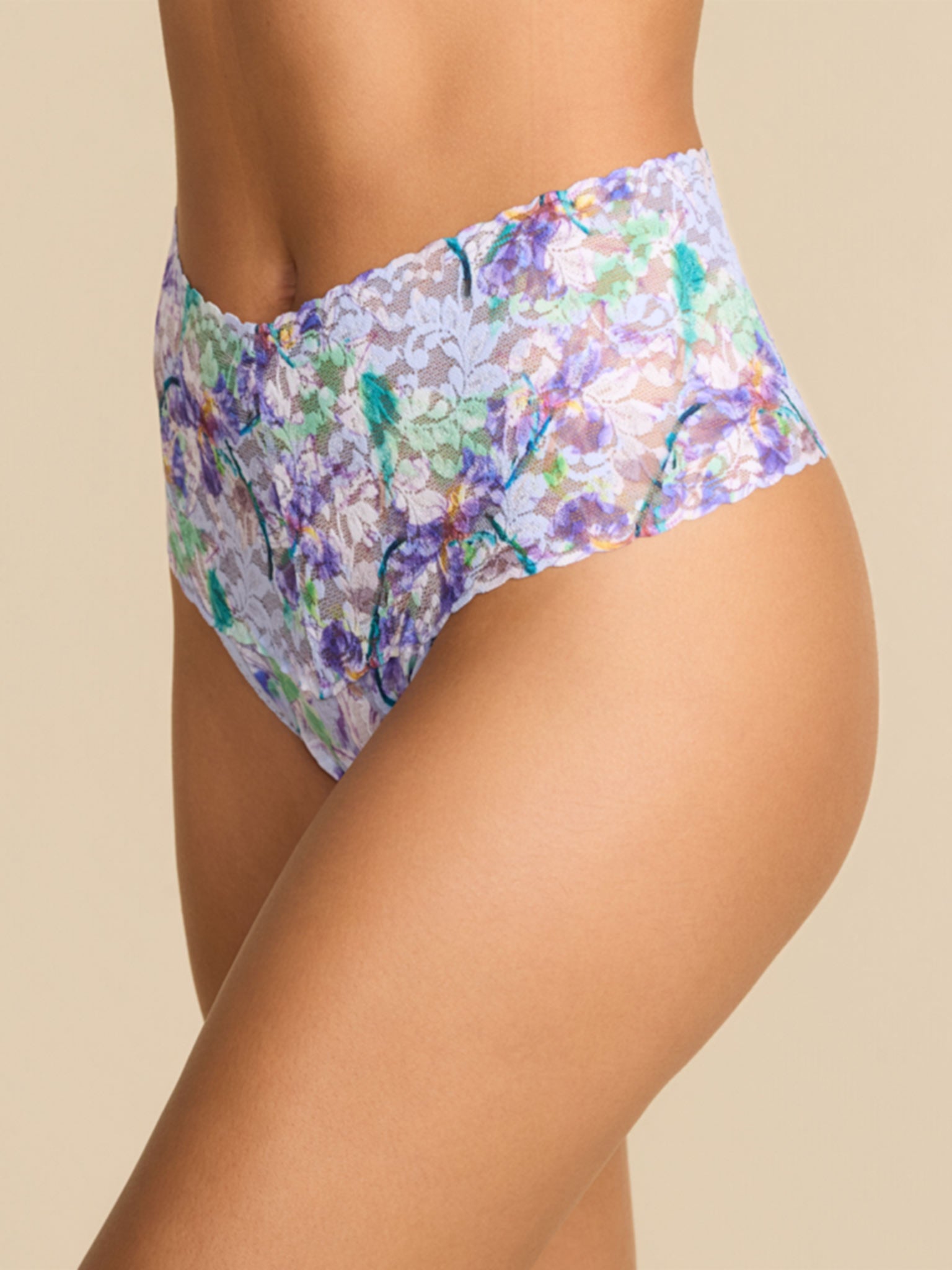 Floral Pleinair Blue Printed Lace Retro Thong - Side Profile | Hanky Panky