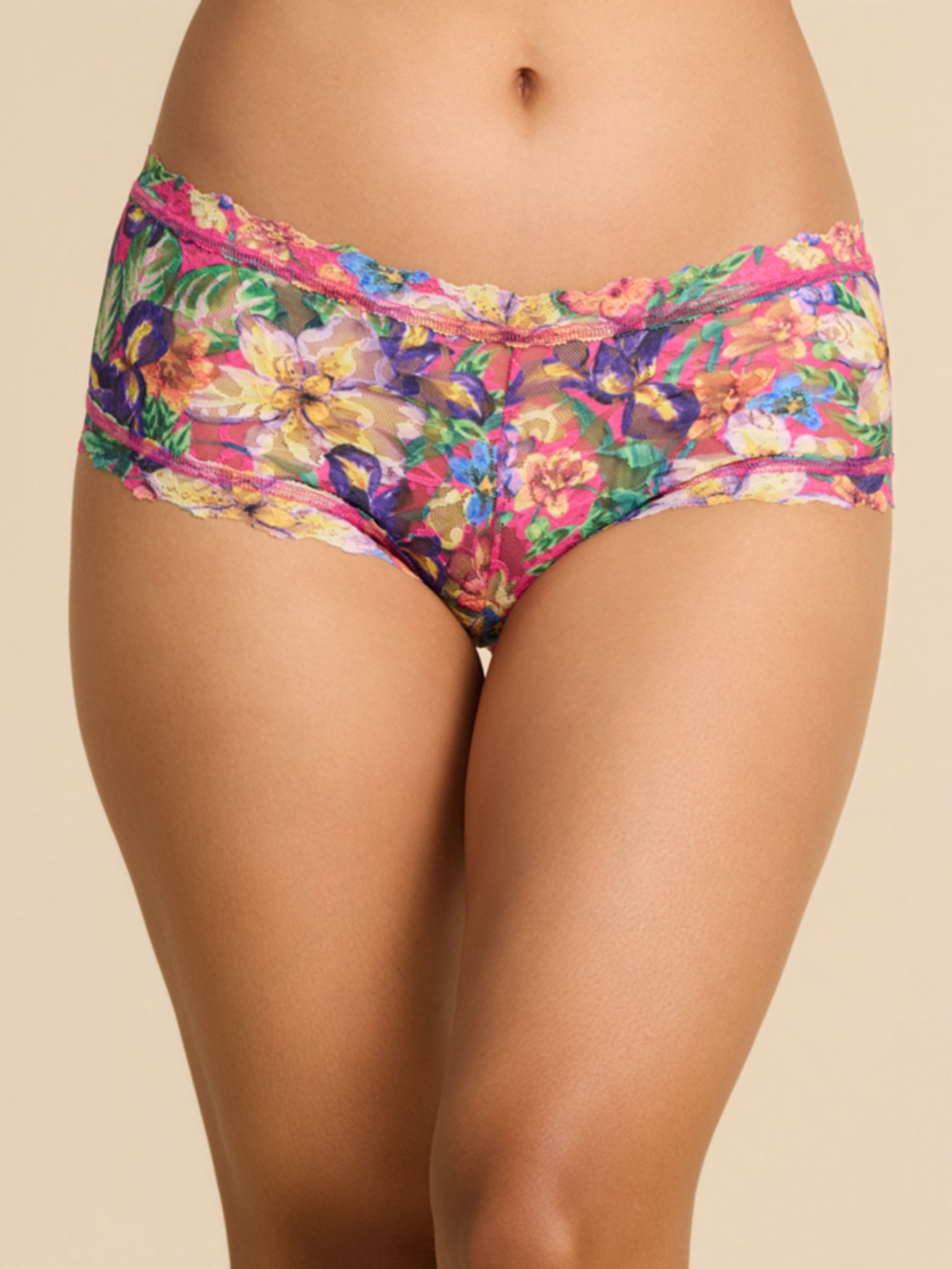 Printed Signature Lace® Boyshort Radiant Pink - Front View, Floral Print Lace Boyshorts | Hanky Panky