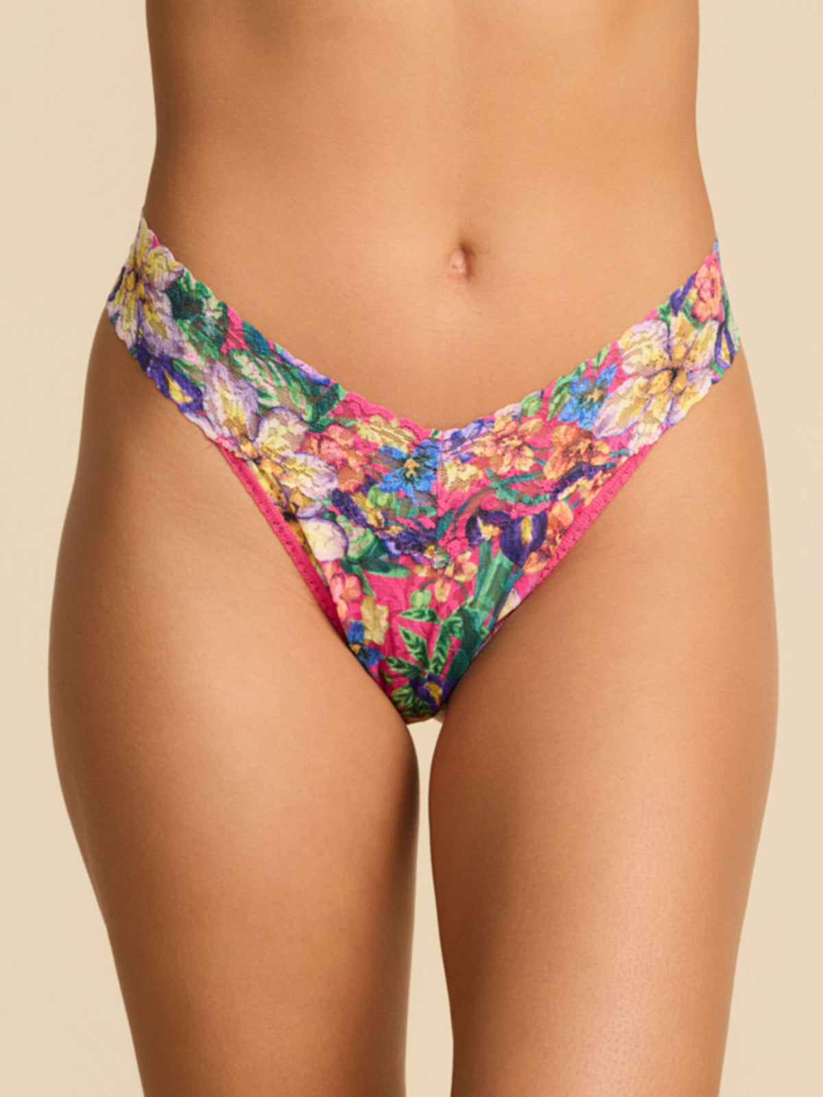 Printed Signature Lace® Original Rise Thong Radiant Pink - Front View, Floral Print | Hanky Panky