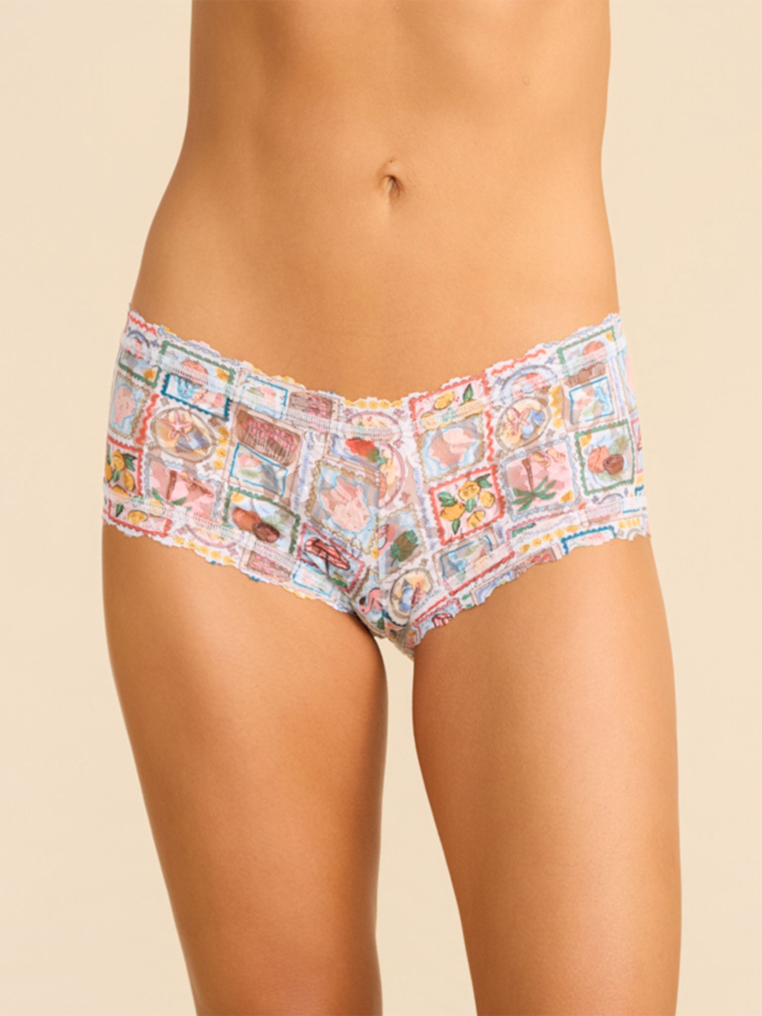 Printed Signature Lace® Boyshort Snail Mail White - Front View, Stamp Print Lace Boyshorts | Hanky Panky