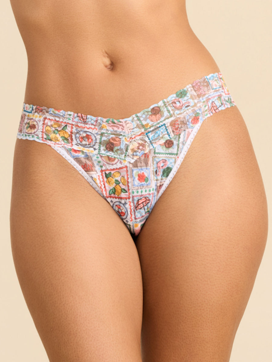 Printed Signature Lace® Original Rise Thong Snail Mail White - Front View, On Model | Hanky Panky