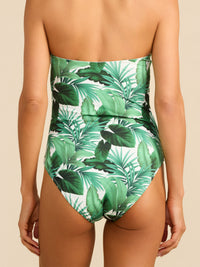 Bandeau One Piece Swimsuit Stay Floral Palm Tree Green, strapless back view with full coverage | Hanky Panky