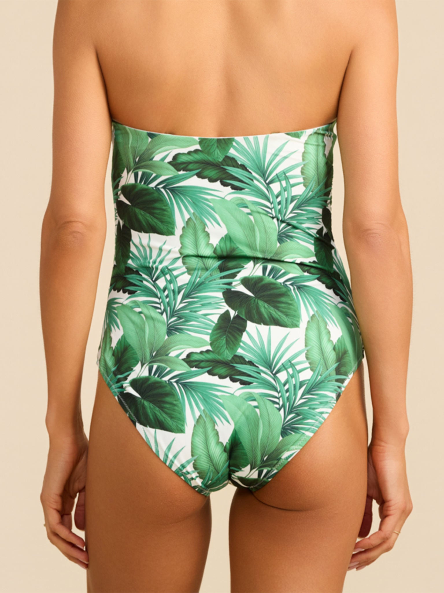 Bandeau One Piece Swimsuit Stay Floral Palm Tree Green, strapless back view with full coverage | Hanky Panky