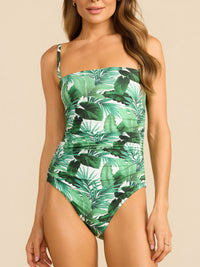 Bandeau One Piece Swimsuit Stay Floral Palm Tree Green with straps, ruched front close-up | Hanky Panky
