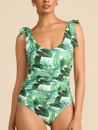 Ruched Bow One Piece Stay Floral Palm Tree Green