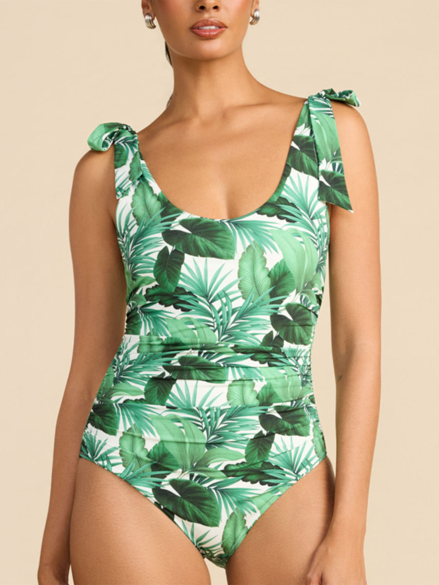 Green floral palm Ruched Bow One Piece Swimsuit, scoop neck and ruched front detail - Front Close-Up | Hanky Panky