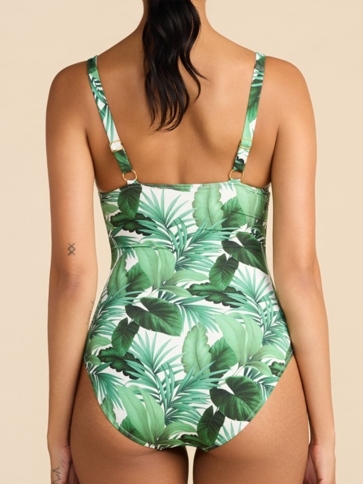 Green Palm Tree One Piece Swimsuit with Gold Ring Adjustable Straps - Back View | Hanky Panky