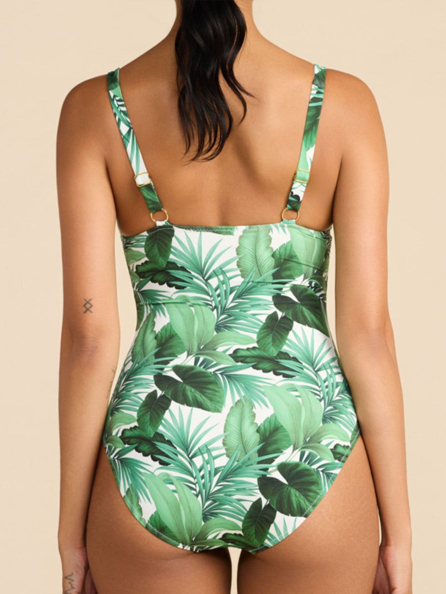 Green Palm Tree One Piece Swimsuit with Gold Ring Adjustable Straps - Back View | Hanky Panky