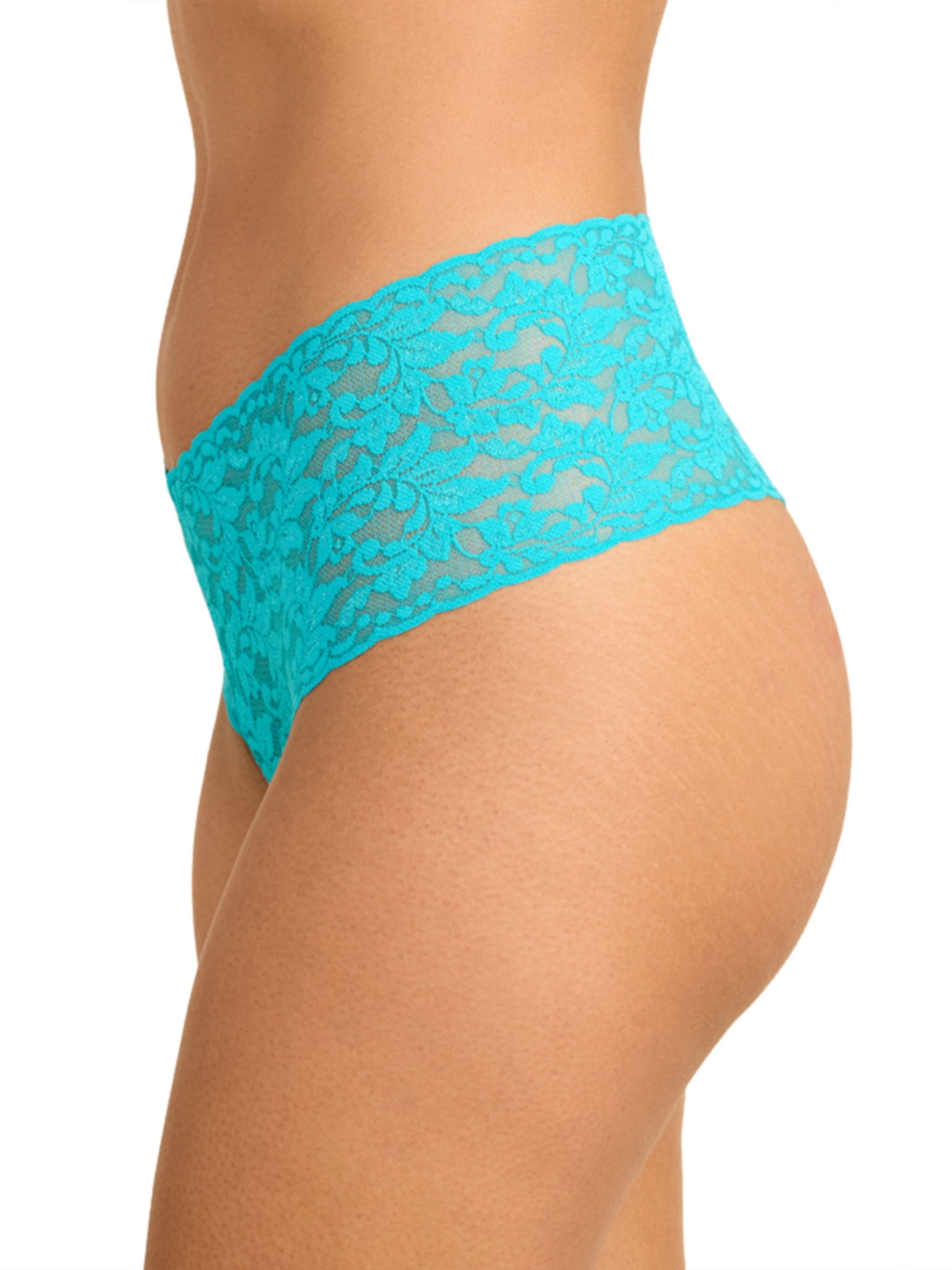 Turkish Tile Blue Retro Lace Thong - Side Profile, High Rise Waistband | Hanky Panky