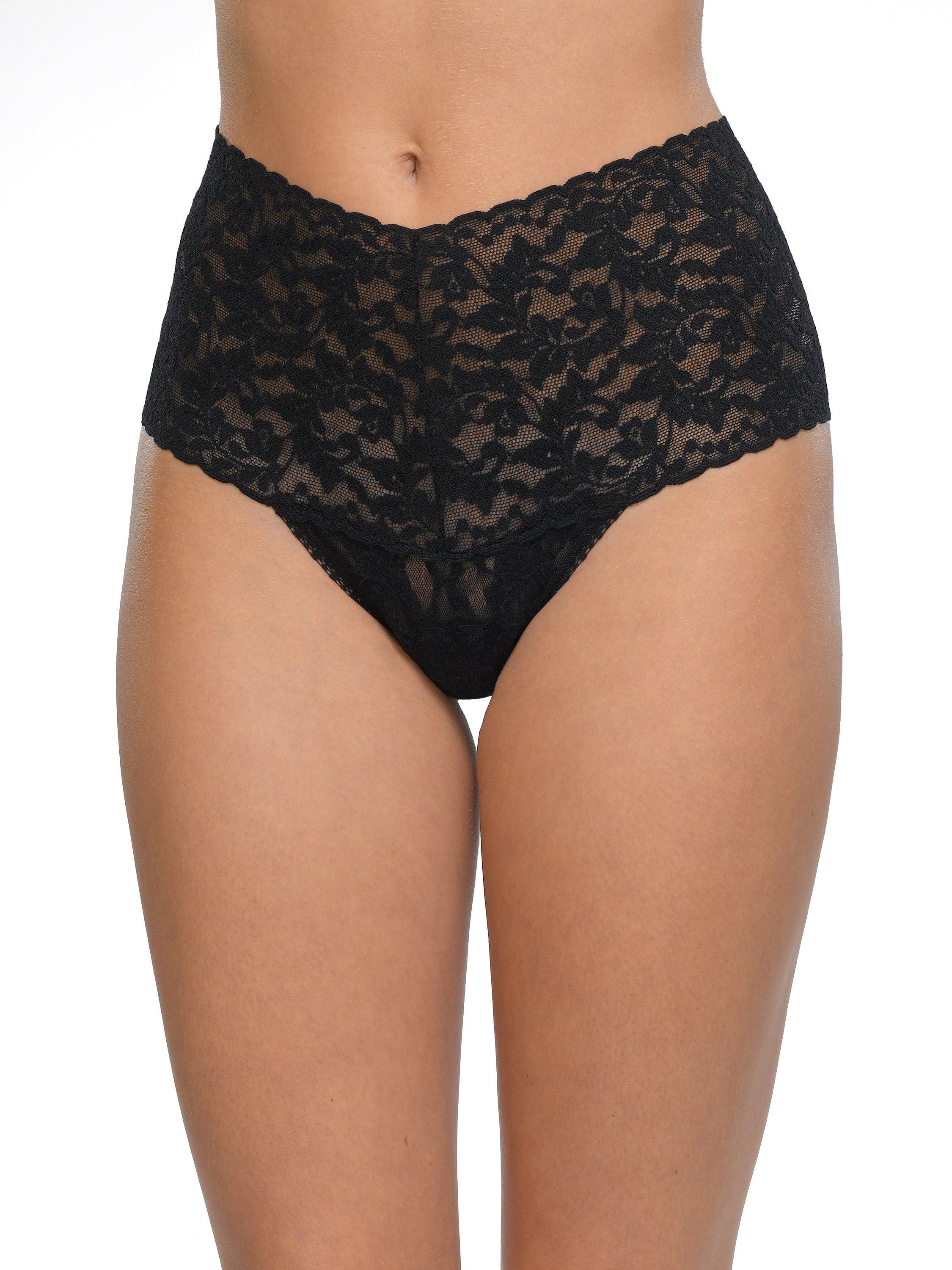 3 Pack Retro Lace Thong in Black - On Model Front View, High Rise Lace Thong | Hanky Panky