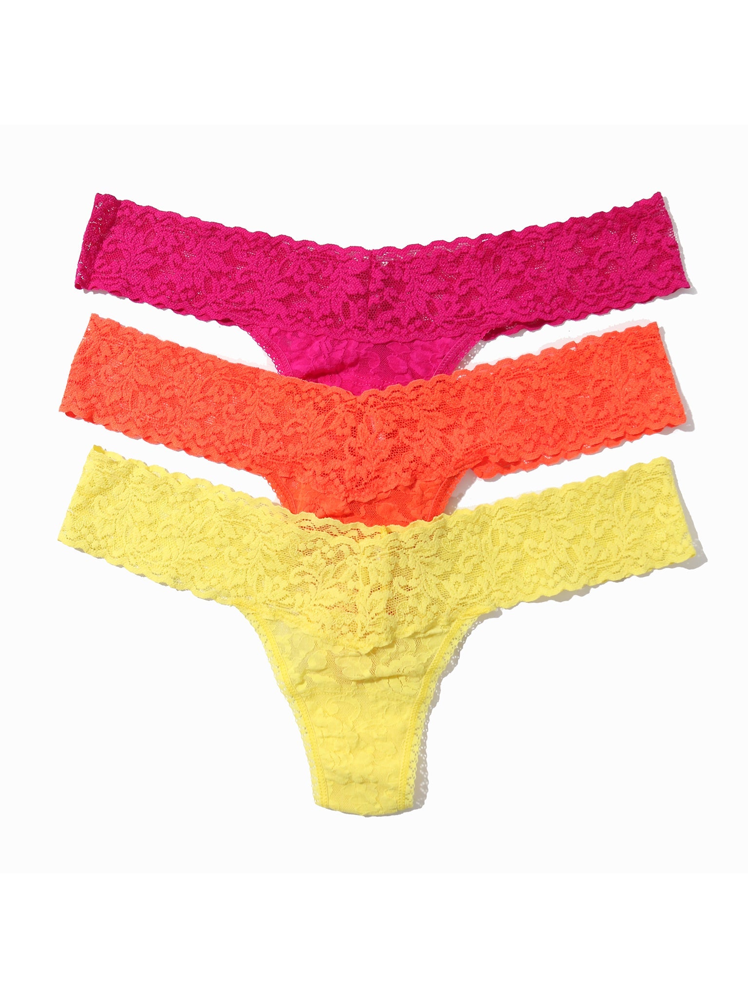 3 Pack Signature Lace Low Rise Thongs In Printed Box Pink Ruby/Orange Sparkle/Lime Light