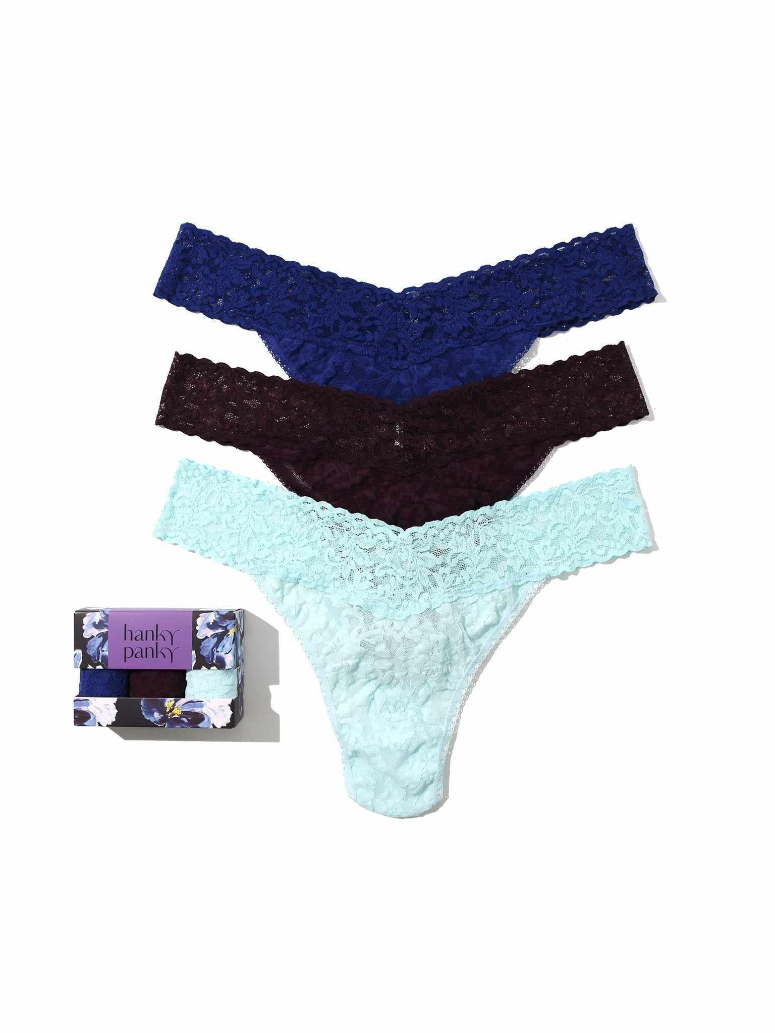 3 Pack Signature Lace® Original Rise Thongs In Printed Box Midnight Blue Sale