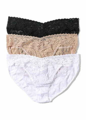 3 Pack Signature Lace® V-kini in Black, Chai & White - Flat Lay | Hanky Panky