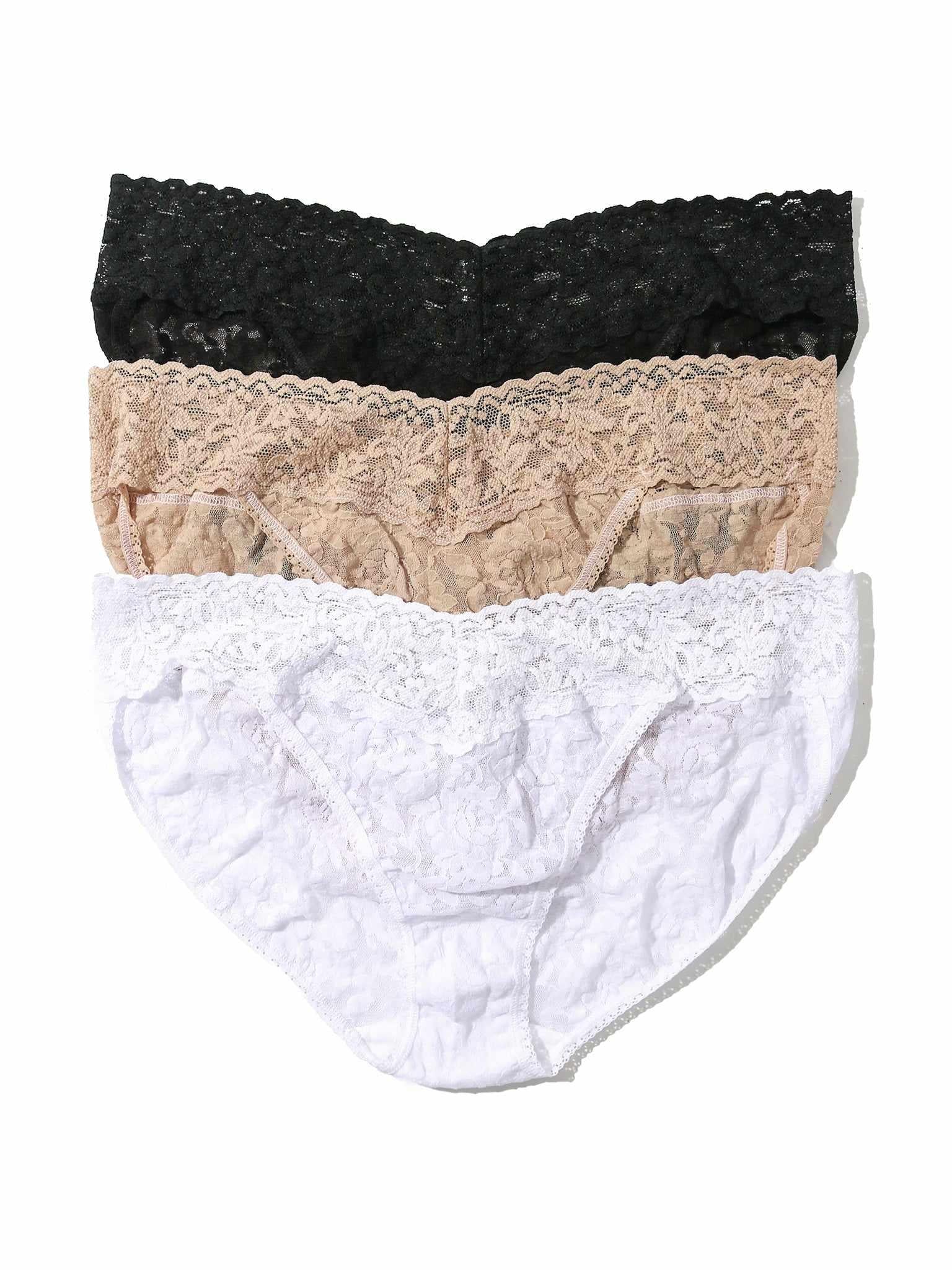 3 Pack Signature Lace® V-kini in Black, Chai & White - Flat Lay | Hanky Panky
