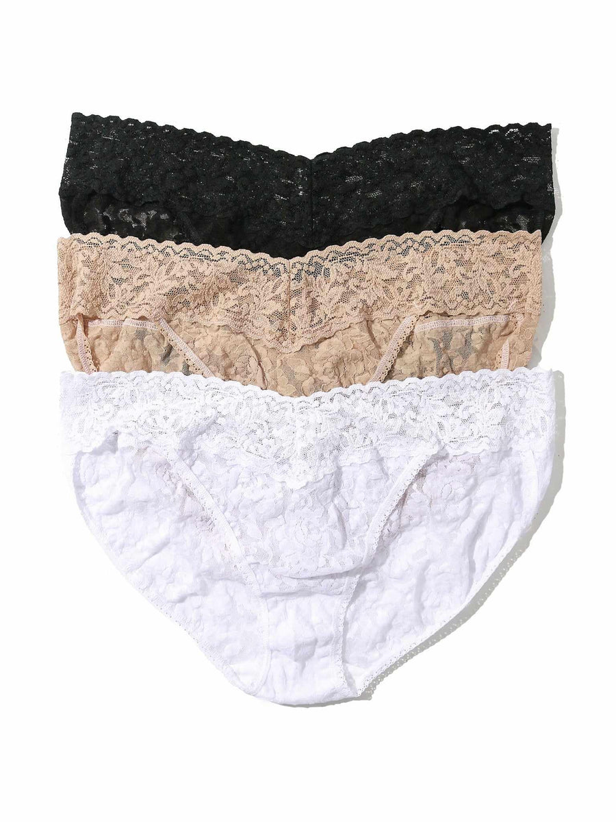 3 Pack Signature Lace® V-kini in Black, Chai & White - Flat Lay | Hanky Panky