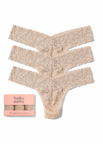 3 Pack Signature Lace® Low Rise Thongs Chai - Flat Lay with Gift Box, lace thong multipack | Hanky Panky