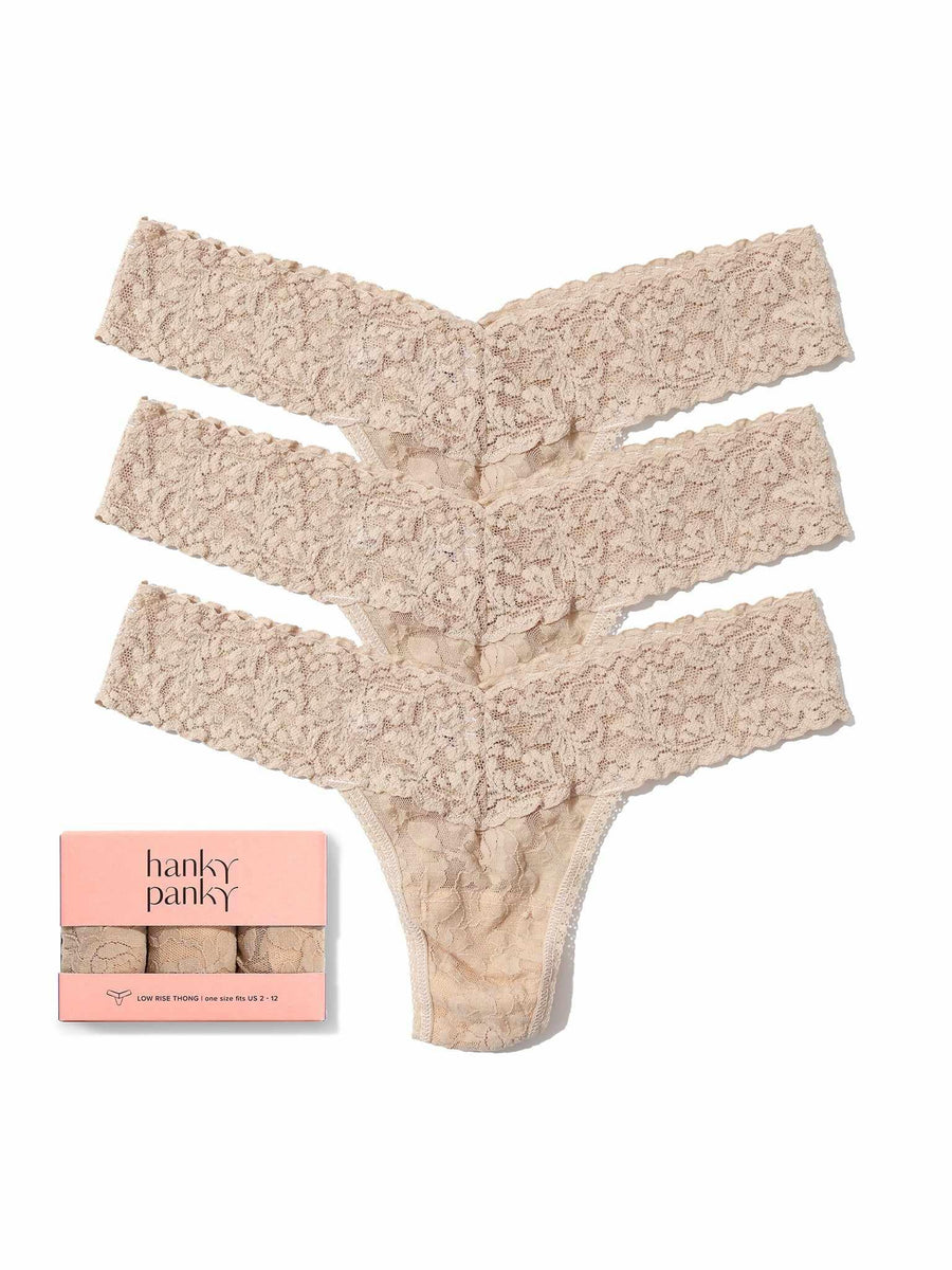 3 Pack Signature Lace® Low Rise Thongs Chai - Flat Lay with Gift Box, lace thong multipack | Hanky Panky