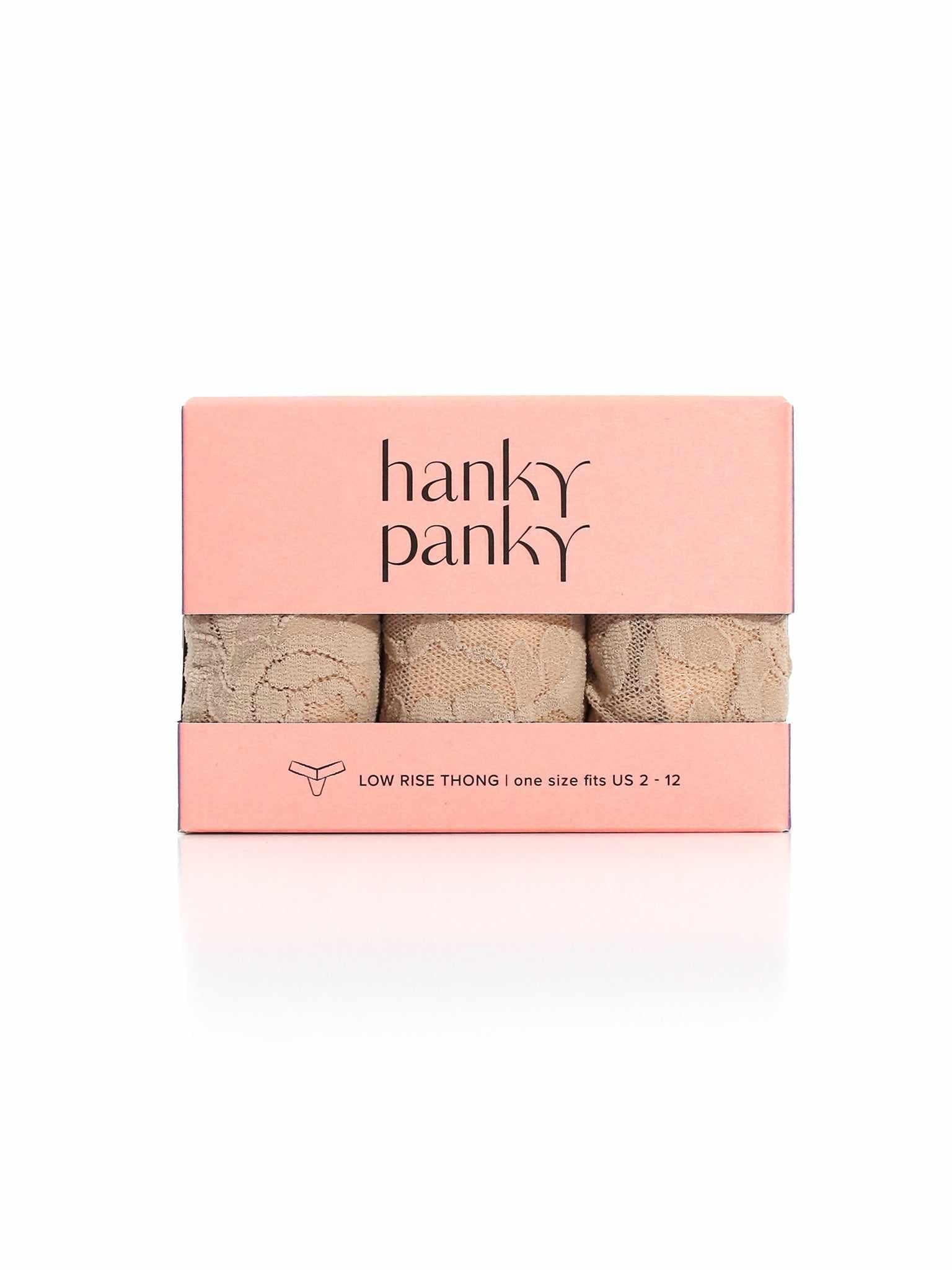 3 Pack Signature Lace® Low Rise Thongs Chai - Gift Box Front View, lace thong gift set | Hanky Panky
