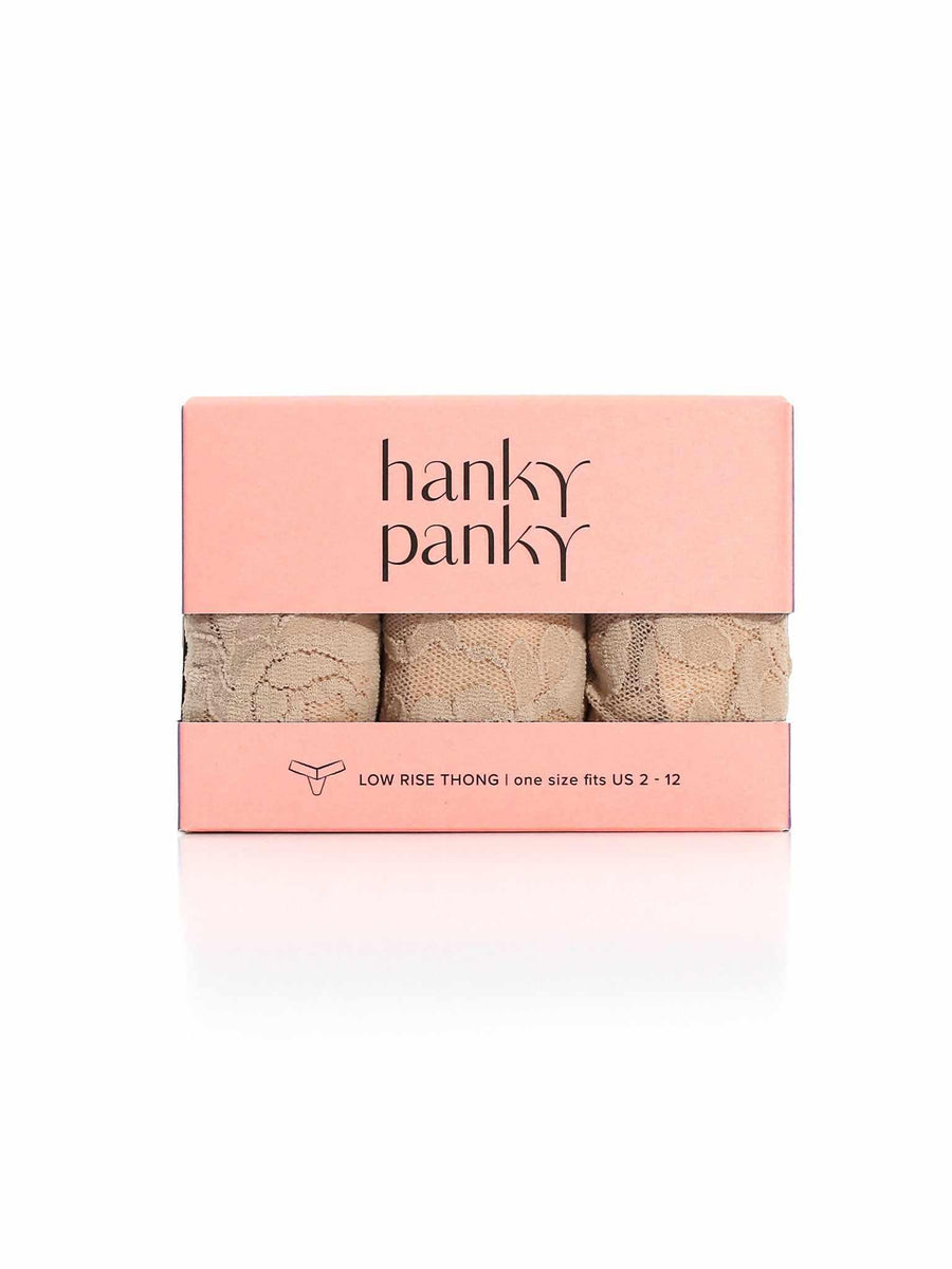 3 Pack Signature Lace® Low Rise Thongs Chai - Gift Box Front View, lace thong gift set | Hanky Panky