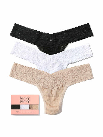 3 Pack Signature Lace® Low Rise Thongs in Black, White & Chai - Flat Lay with Gift Box | Hanky Panky