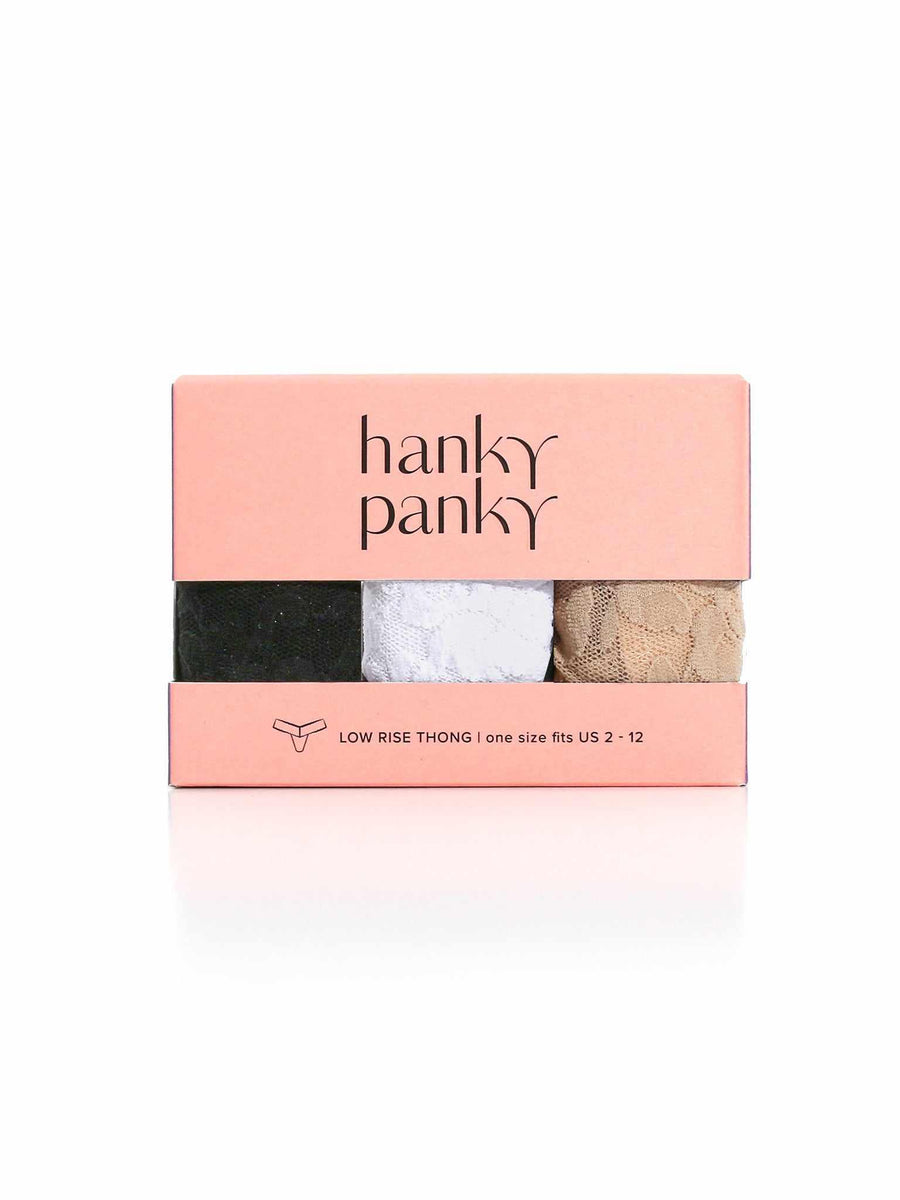3 Pack Signature Lace® Low Rise Thongs - Pink Gift Box Packaging Front View | Hanky Panky
