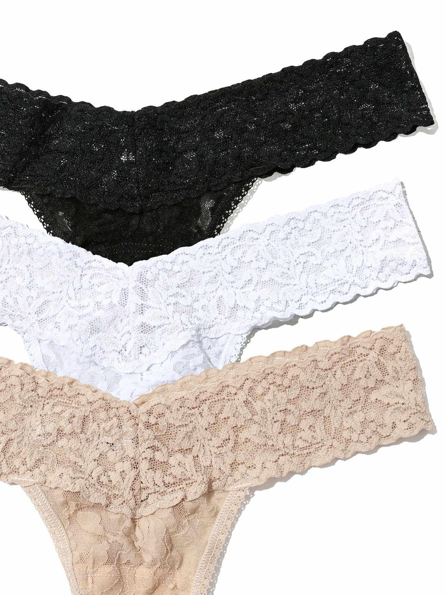 3 Pack Signature Lace® Low Rise Thongs in Black, White & Chai - Close-Up Lace Texture Detail | Hanky Panky