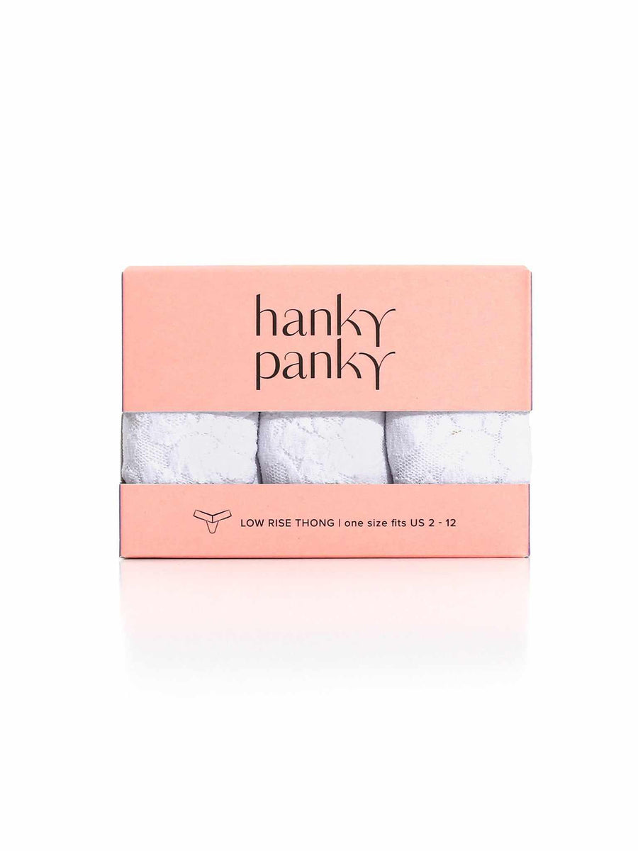 3 Pack Signature Lace® Low Rise Thongs White - Gift Box Front View, Lace Thong Gift Set | Hanky Panky