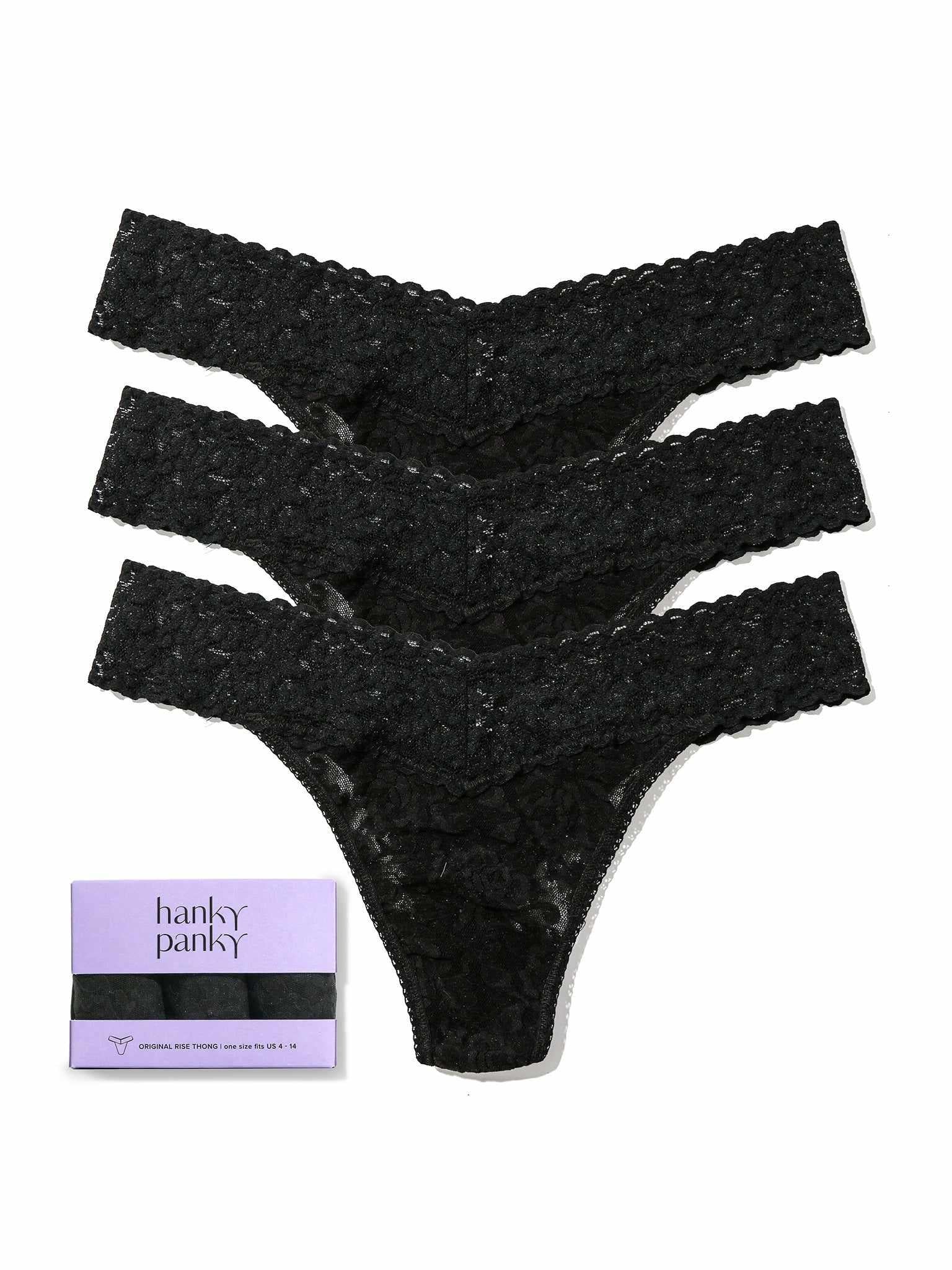 Black Signature Lace® Original Rise Thong 3-Pack with Gift Box - Flat Lay | Hanky Panky