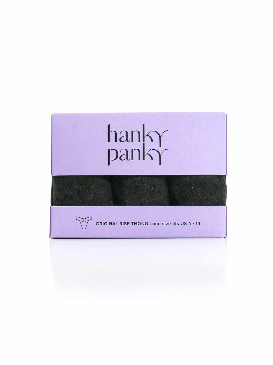 3 Pack Black Signature Lace® Original Rise Thongs in Lavender Gift Box - Front Package View | Hanky Panky