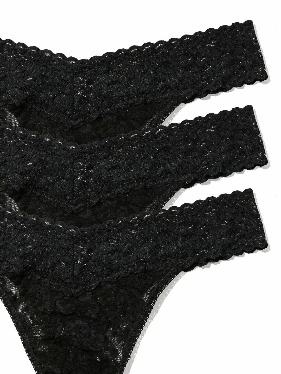 Black Signature Lace® Original Rise Thong - Scalloped Waistband & Stretch Lace Close-Up, 3-Pack | Hanky Panky