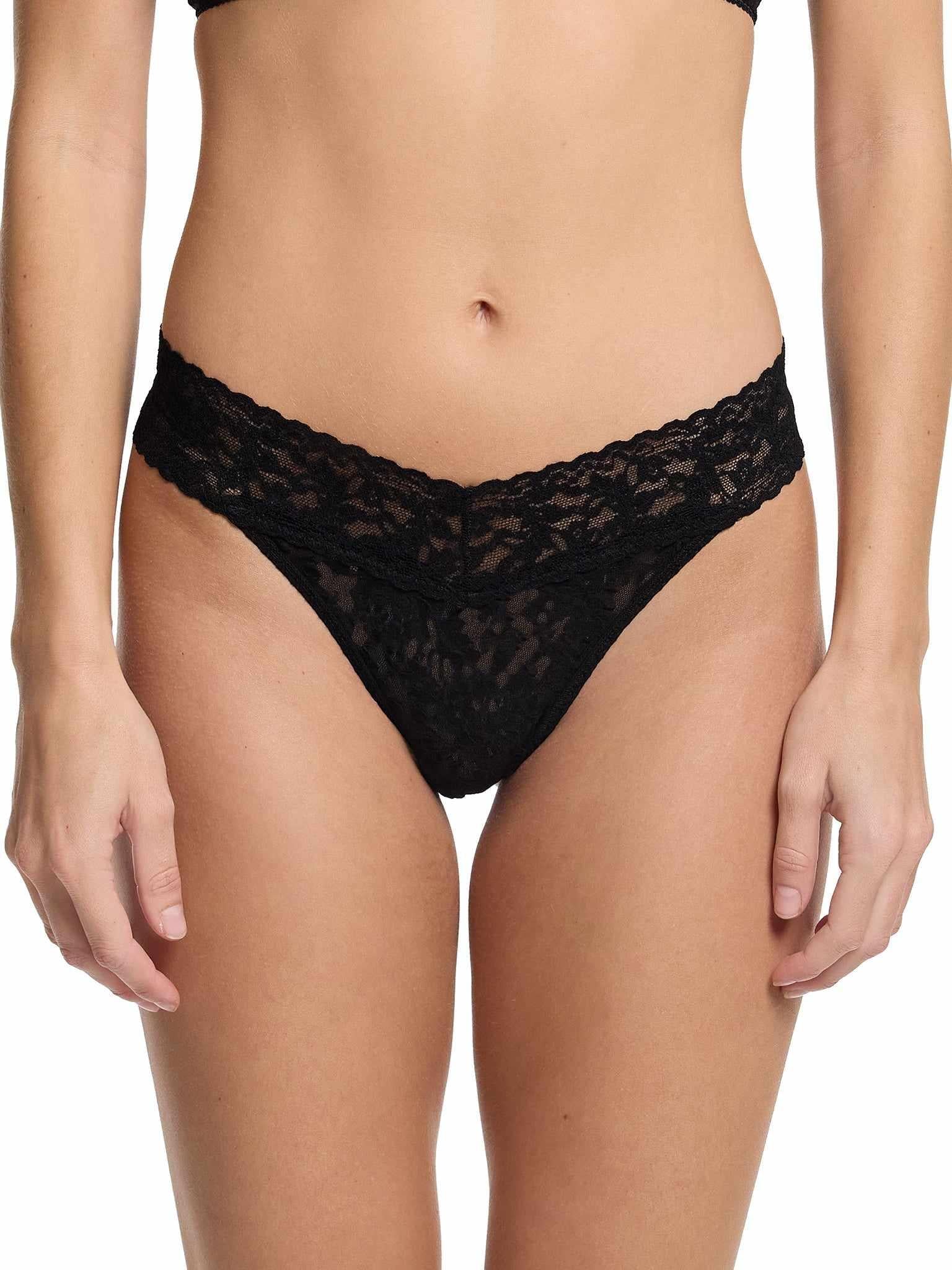Black Signature Lace® Original Rise Thong - On Model Front View, Comfortable Lace Thong | Hanky Panky