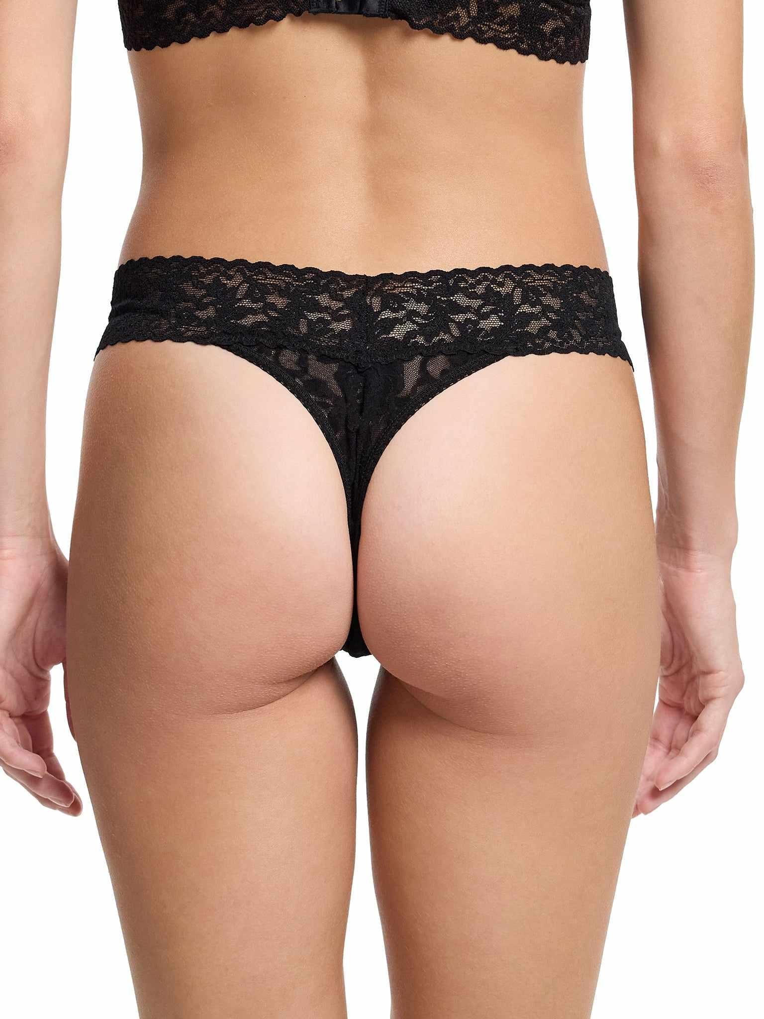 Black Signature Lace® Original Rise Thong - On Model Back View, No VPL Lace Thong | Hanky Panky
