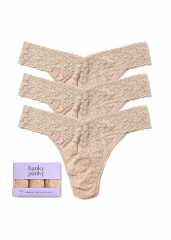 3 Pack Signature Lace® Original Rise Thongs in Chai - Flat Lay with Gift Box | Hanky Panky