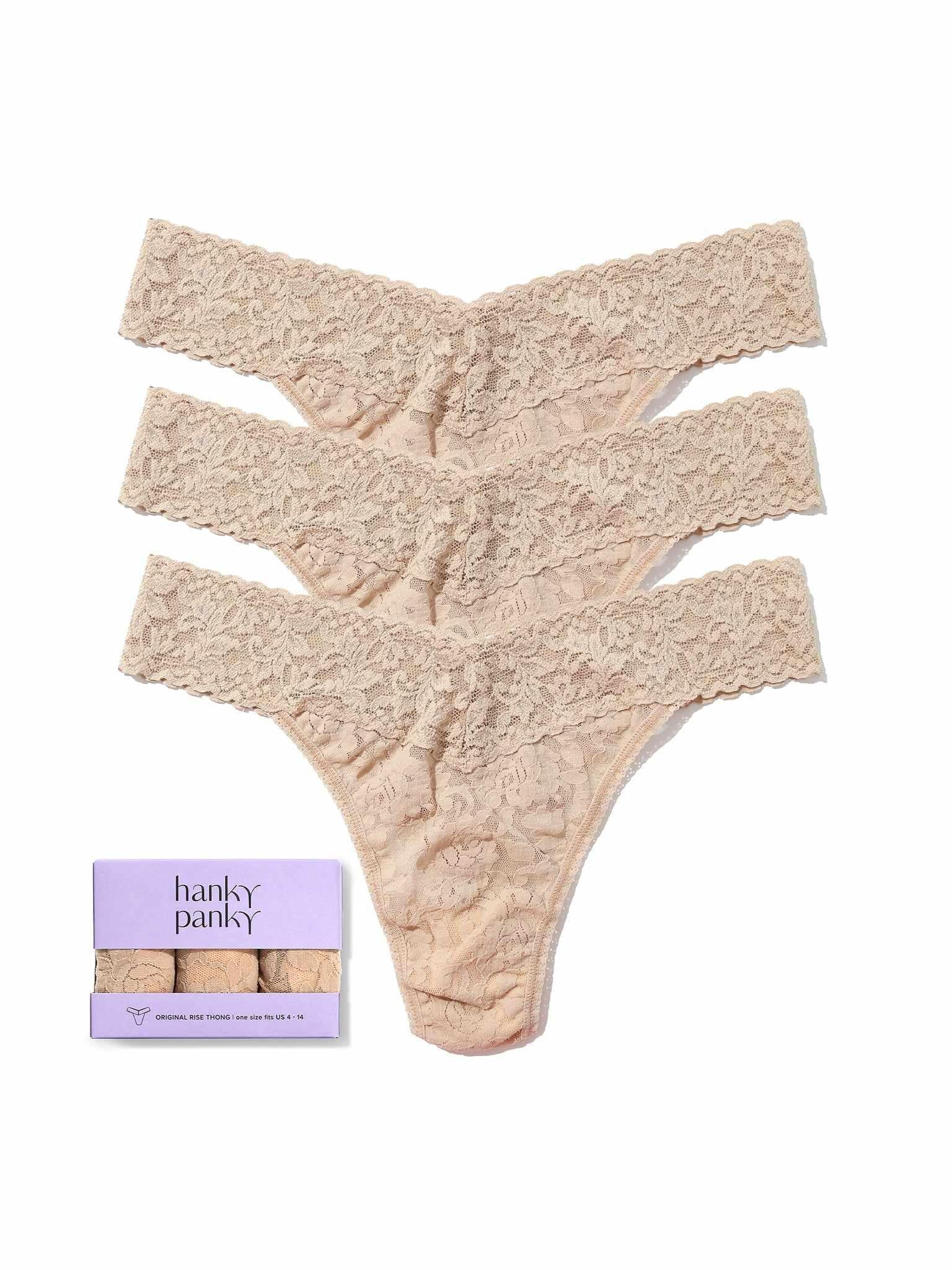 3 Pack Signature Lace® Original Rise Thongs in Chai - Flat Lay with Gift Box | Hanky Panky