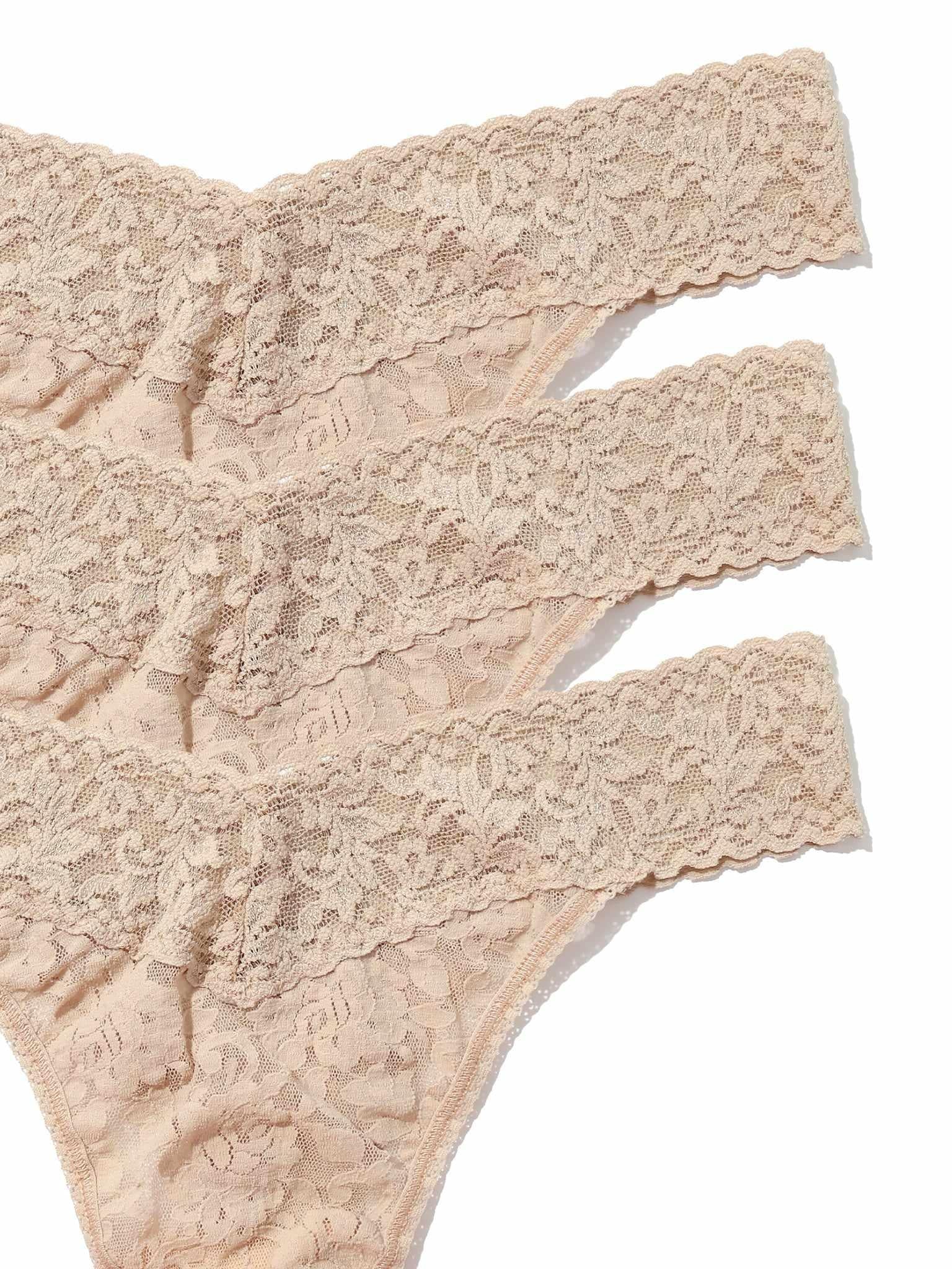 3 Pack Signature Lace® Original Rise Thongs Chai - Scalloped Lace Waistband Close-Up | Hanky Panky