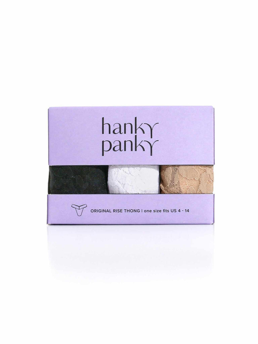 3 Pack Signature Lace® Original Rise Thongs - Purple Gift Box Front View, One Size Fits US 4-14 | Hanky Panky