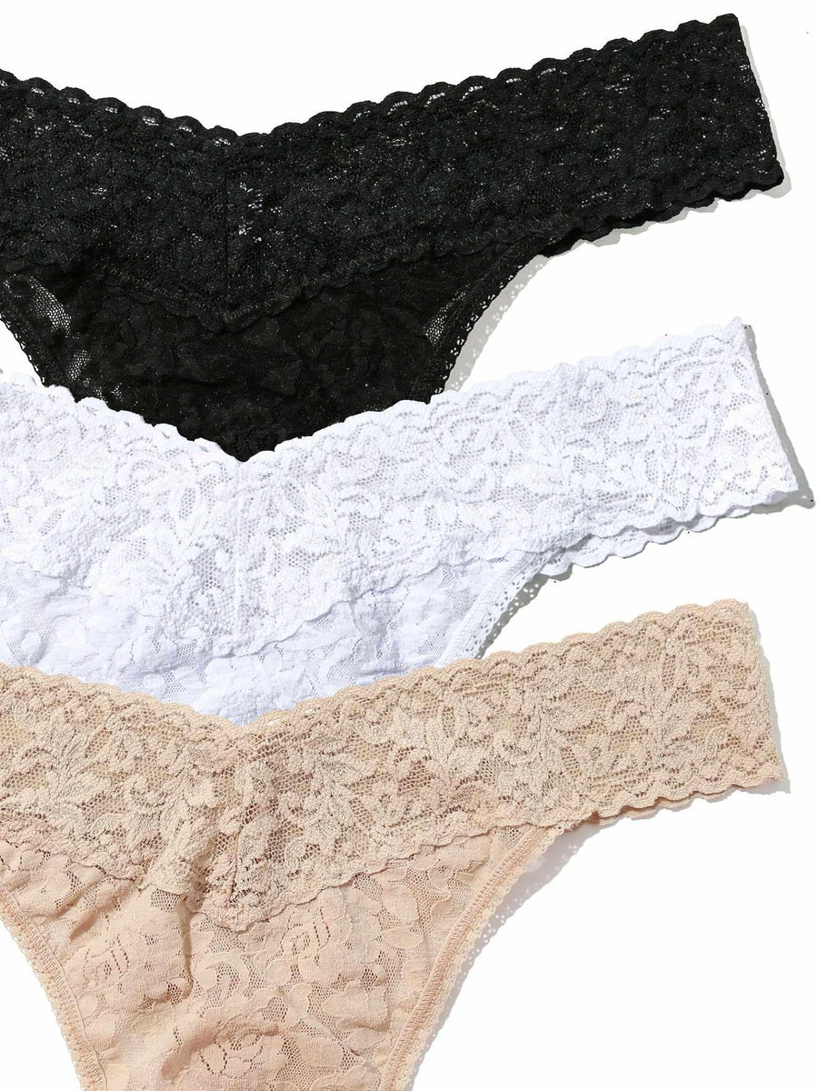 3 Pack Signature Lace® Original Rise Thongs in Black, White & Chai - Close-Up Lace Texture Detail | Hanky Panky