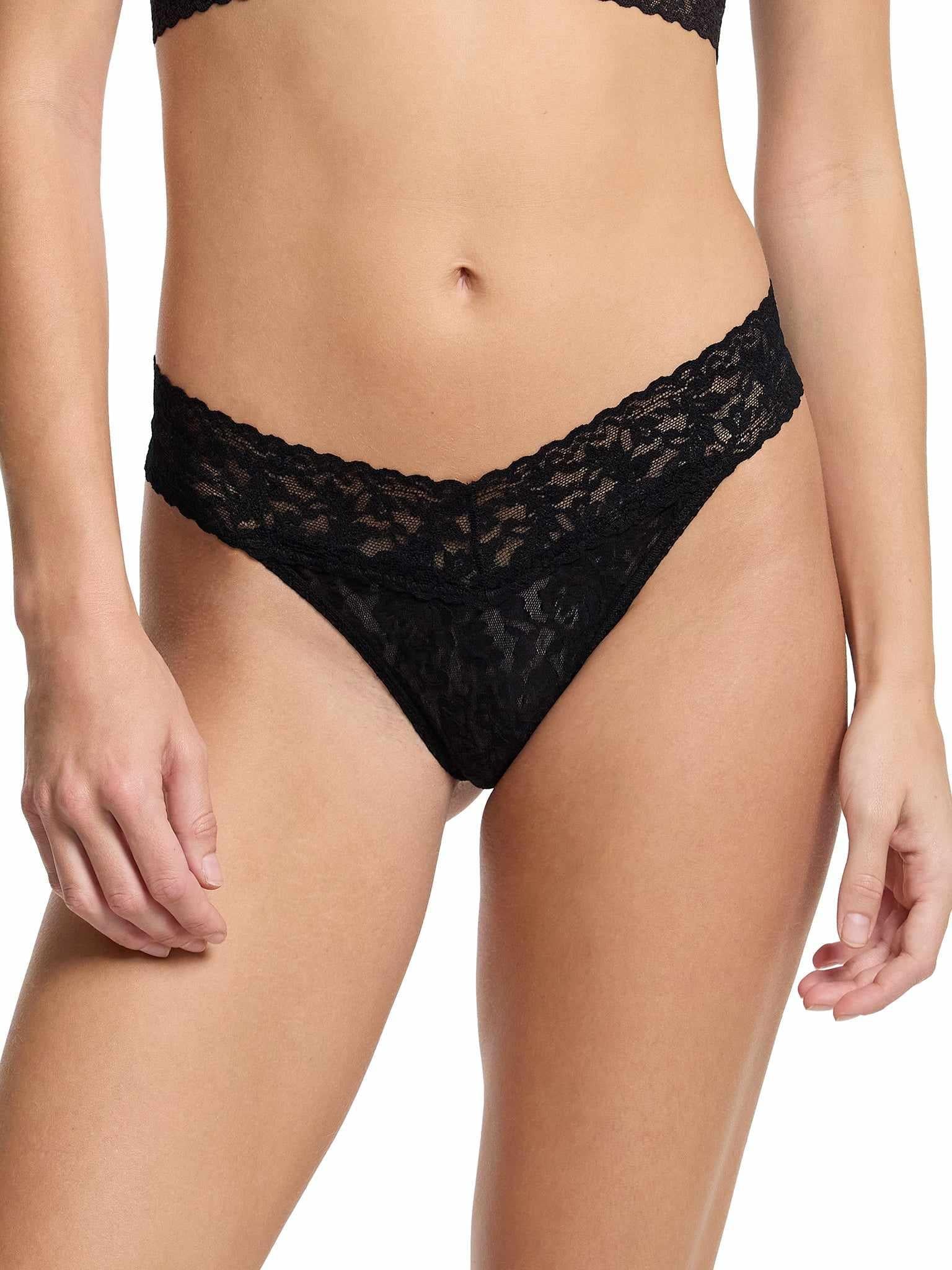 Black Signature Lace® Original Rise Thong - On Model Front View, Comfortable Lace Thong | Hanky Panky