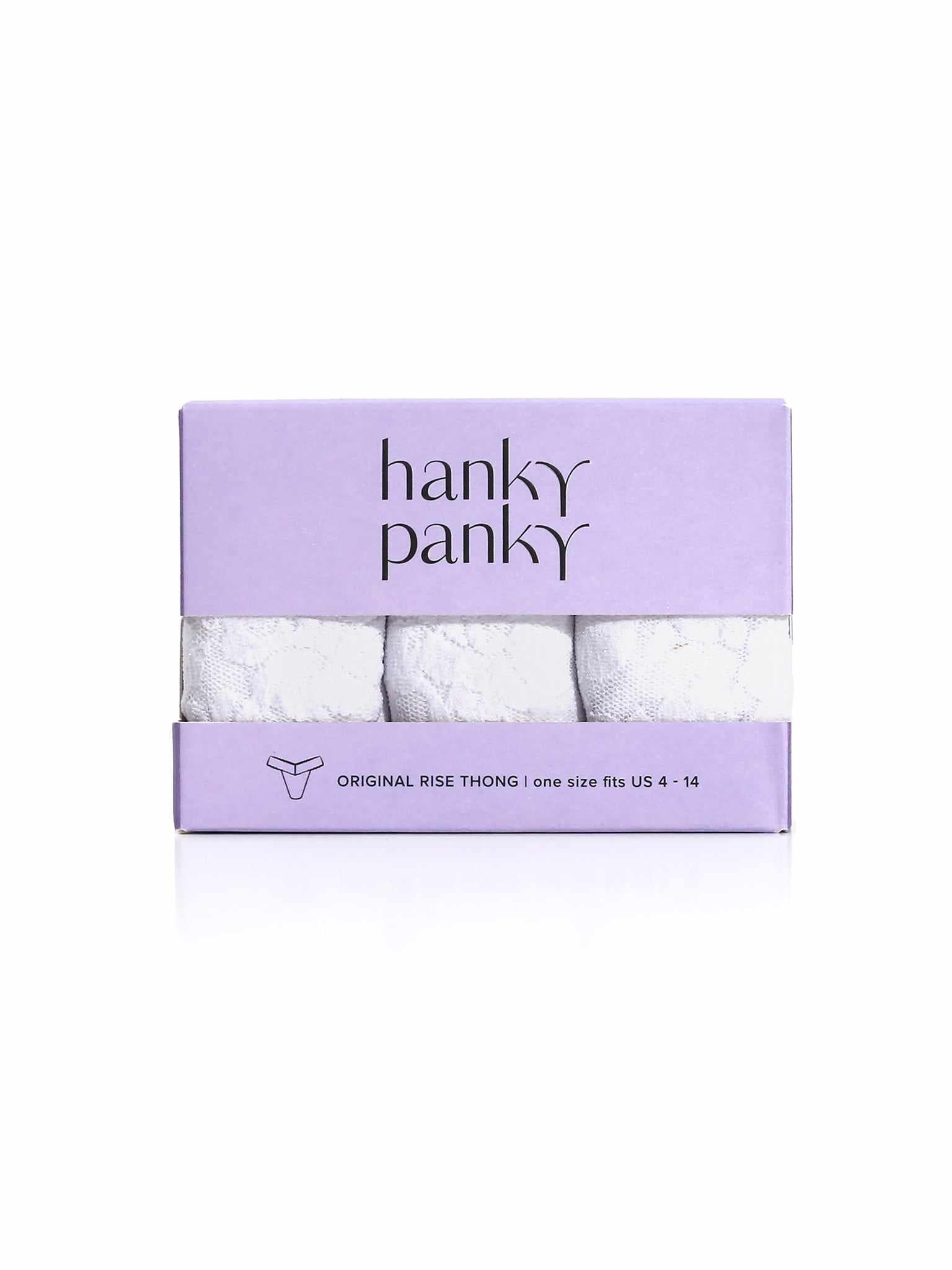 3 Pack Signature Lace® Original Rise Thongs White - Purple Gift Box Front View | Hanky Panky